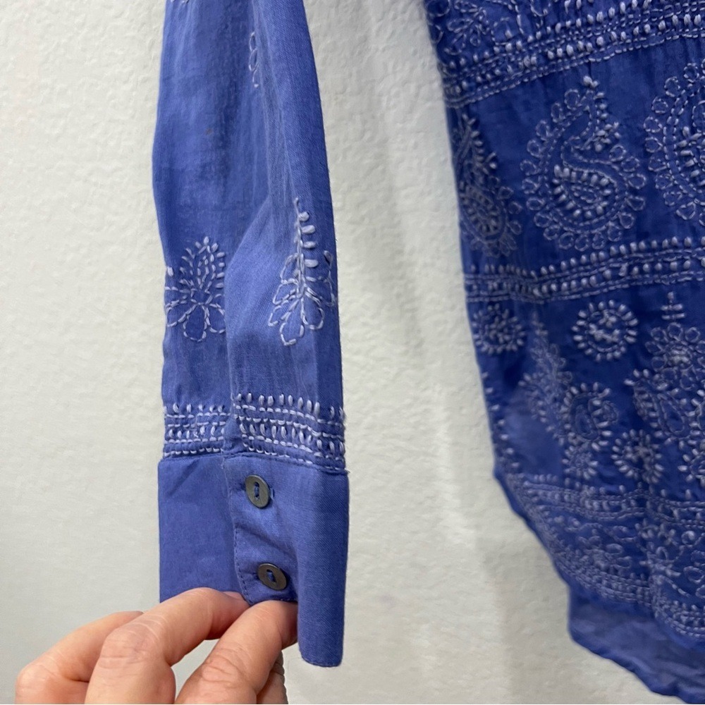 Soft Surroundings Lightweight Blue Cotton Embroidered Button-Up Shirt M - Picture 4 of 8